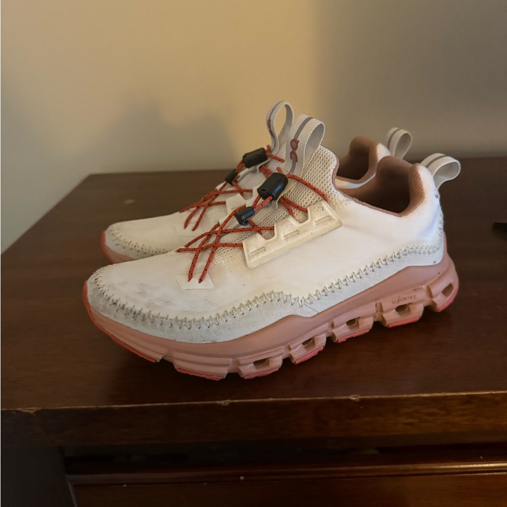 On Running Sneakers in White and Pink with Red Accents